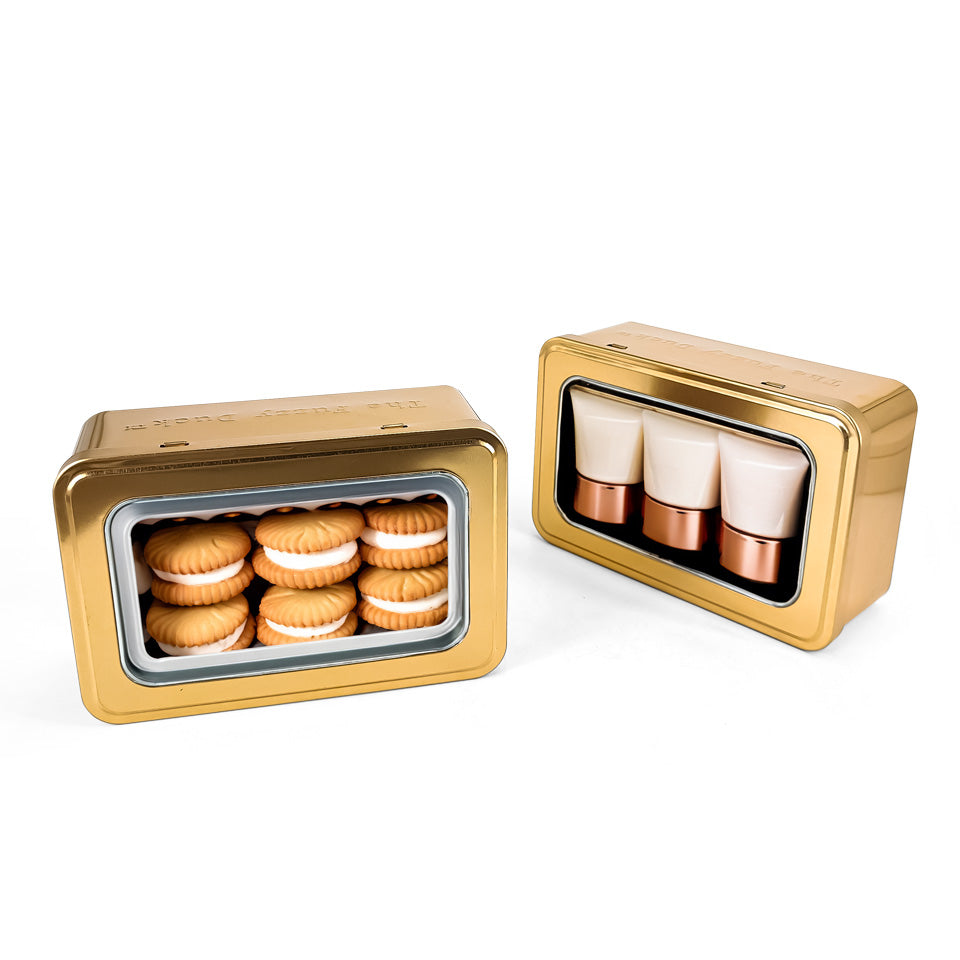 Jinyuanbao elegant gold window hinged tin box for cookies